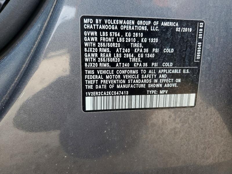 2019 Volkswagen Atlas მანქანა იყიდება აუქციონზე, vin: 1V2ER2CA2KC547413, აუქციონის ნომერი: 77946605