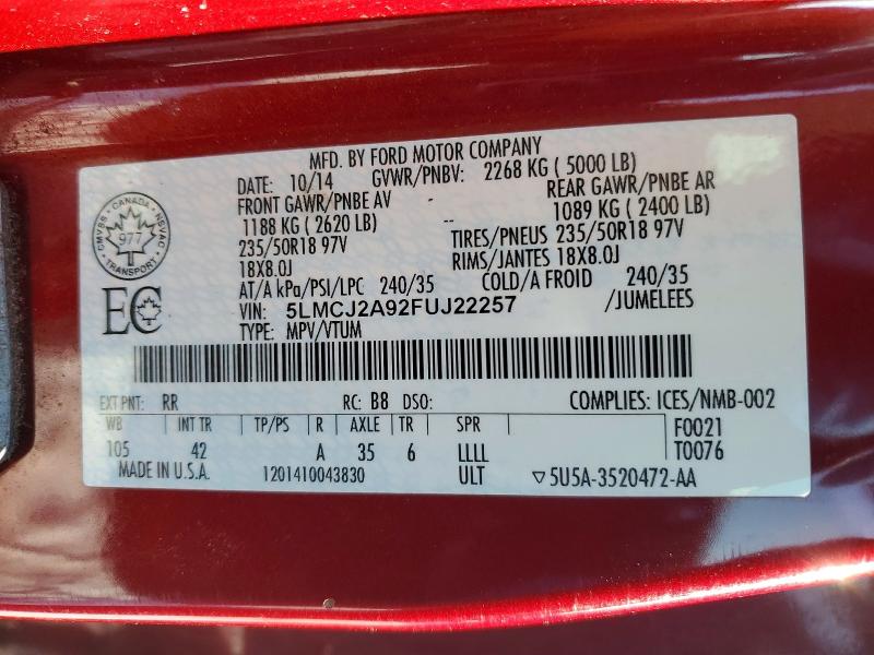 Продажа на аукционе авто 2015 Lincoln Mkc, vin: 5LMCJ2A92FUJ22257, номер лота: 76595235