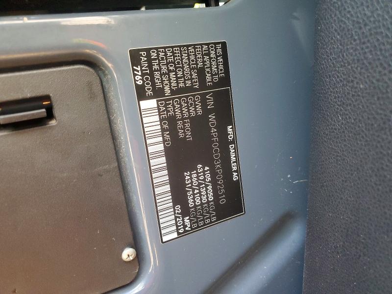 77116465 :رقم المزاد ، WD4PF0CD3KP092510 vin ، 2019 Mercedes-benz Sprinter مزاد بيع