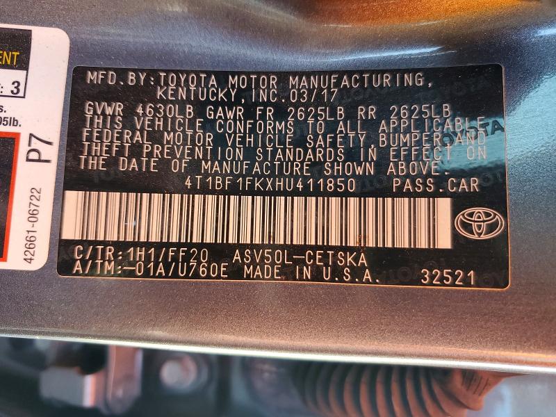 Продажа на аукционе авто 2017 Toyota Camry, vin: 4T1BF1FKXHU411850, номер лота: 76963635