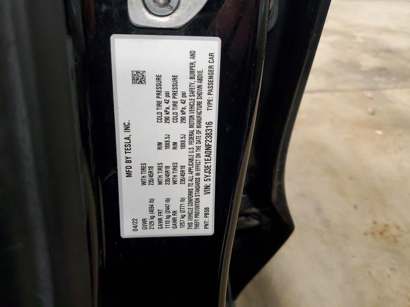 2022 Tesla Model 3 მანქანა იყიდება აუქციონზე, vin: 5YJ3E1EA0NF238316, აუქციონის ნომერი: 78425525