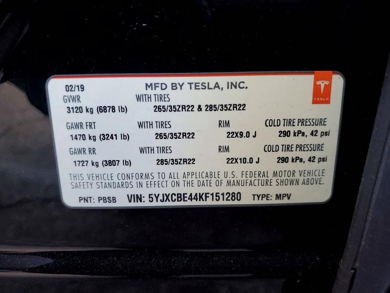 Продаж на аукціоні авто 2019 Tesla Model X, vin: 5YJXCBE44KF151280, номер лоту: 75591095