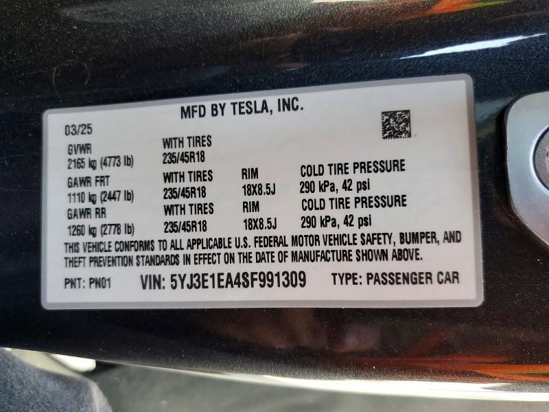 Aukcja sprzedaży 2025 Tesla Model 3, vin: 5YJ3E1EA4SF991309, numer aukcji: 79368085