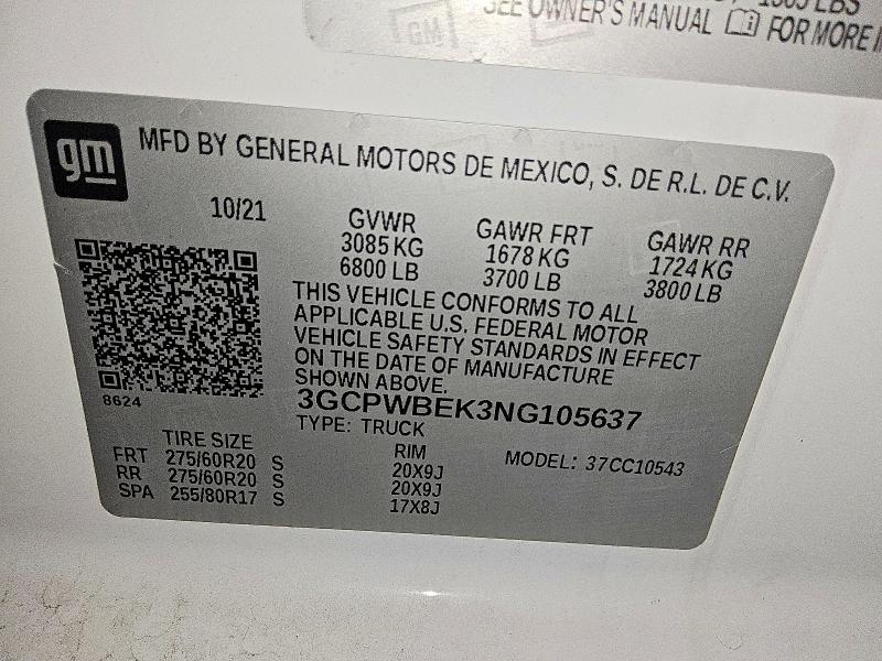 2022 Chevrolet Silverado Ltd მანქანა იყიდება აუქციონზე, vin: 3GCPWBEK3NG105637, აუქციონის ნომერი: 78626665