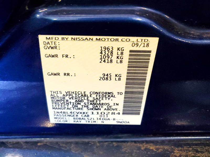 Продажа на аукционе авто 2019 Nissan Altima, vin: 1N4BL4CVXKC110284, номер лота: 75659605