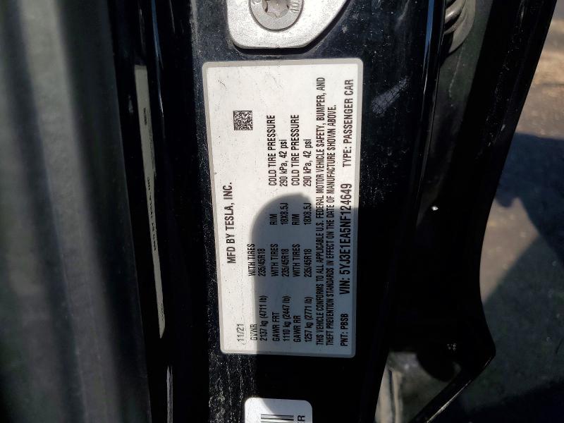 79047625 :رقم المزاد ، 5YJ3E1EA5NF124649 vin ، 2022 Tesla Model 3 مزاد بيع