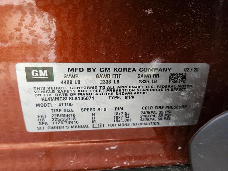 2020 Buick Encore Gx მანქანა იყიდება აუქციონზე, vin: KL4MMGSL8LB106074, აუქციონის ნომერი: 78581765