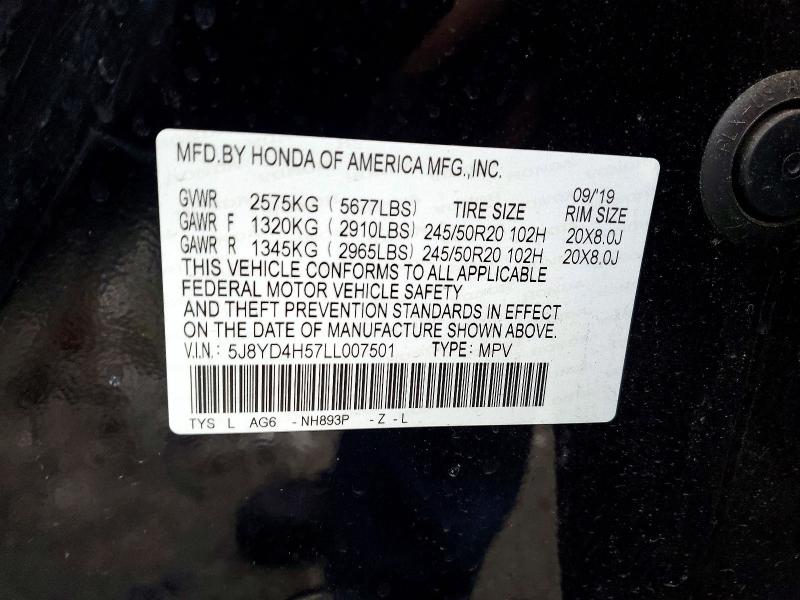 77036395 :رقم المزاد ، 5J8YD4H57LL007501 vin ، 2020 Acura Mdx مزاد بيع