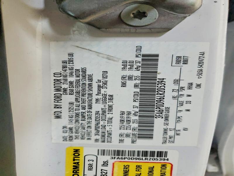 Продаж на аукціоні авто 2020 Ford Fusion, vin: 3FA6P0D96LR205394, номер лоту: 75206665