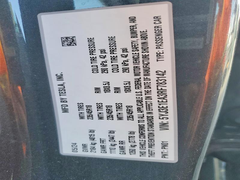 2024 Tesla Model 3 მანქანა იყიდება აუქციონზე, vin: 5YJ3E1EA3RF783142, აუქციონის ნომერი: 76365745