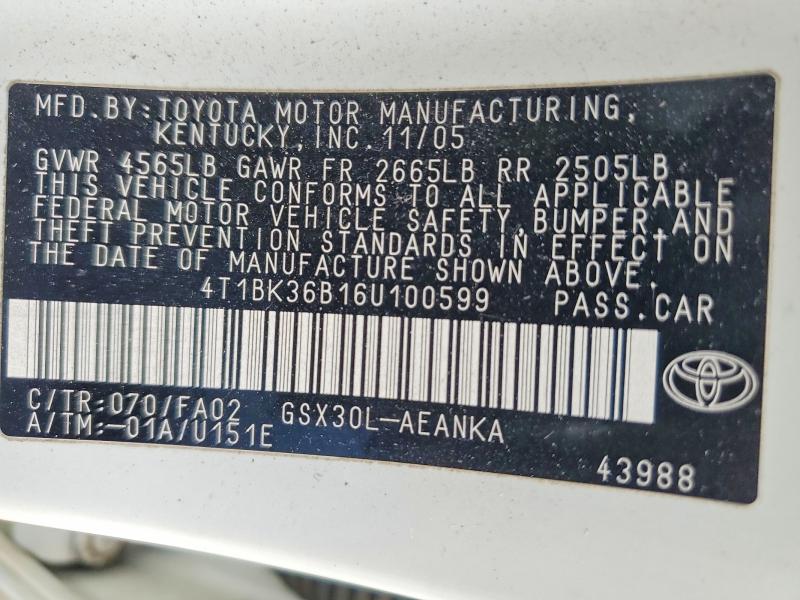 Aukcja sprzedaży 2006 Toyota Avalon, vin: 4T1BK36B16U100599, numer aukcji: 78446415