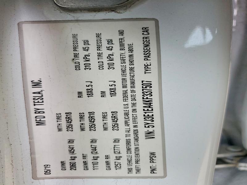 76620035 :رقم المزاد ، 5YJ3E1EA4KF337507 vin ، 2019 Tesla Model 3 مزاد بيع