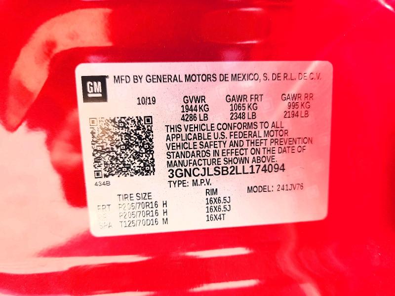 77100235 :رقم المزاد ، 3GNCJLSB2LL174094 vin ، 2020 Chevrolet Trax مزاد بيع