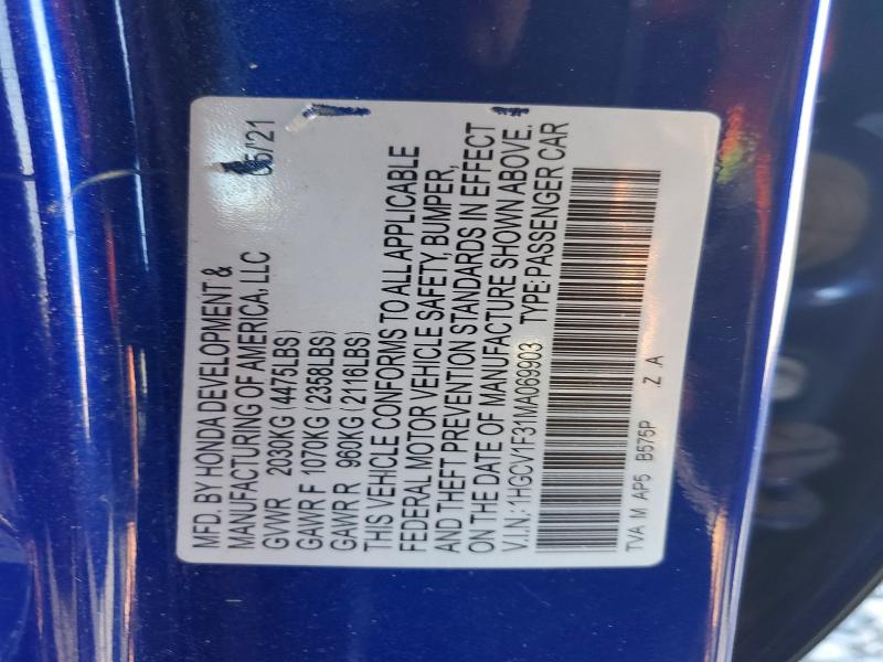Aukcja sprzedaży 2021 Honda Accord, vin: 1HGCV1F31MA069903, numer aukcji: 78761195