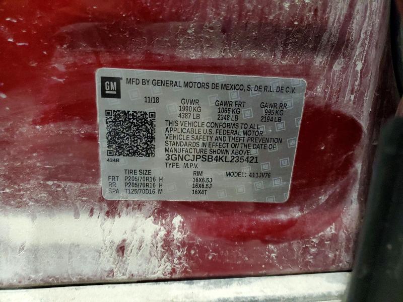74758235 :رقم المزاد ، 3GNCJPSB4KL235421 vin ، 2019 Chevrolet Trax مزاد بيع