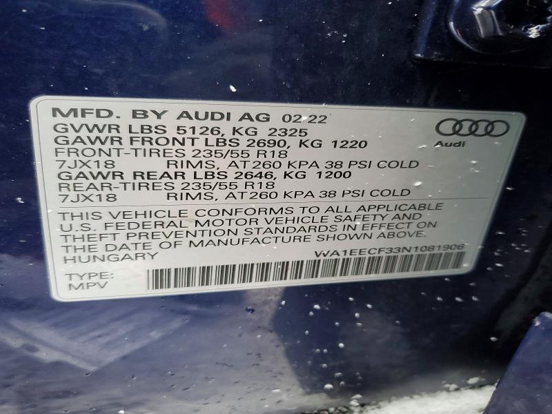 Aukcja sprzedaży 2022 Audi Q3, vin: WA1EECF33N1081906, numer aukcji: 76214065