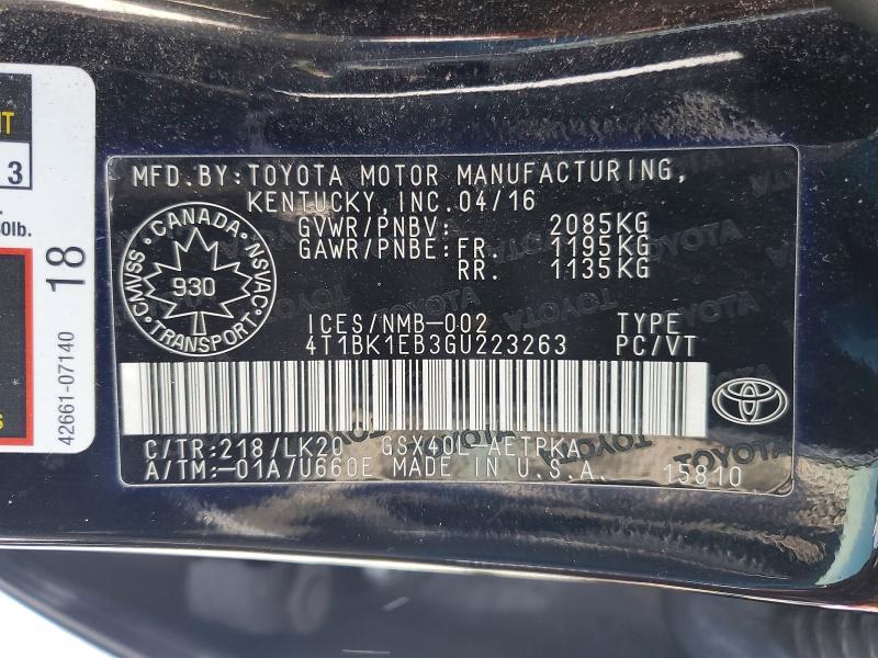 78236415 :رقم المزاد ، 4T1BK1EB3GU223263 vin ، 2016 Toyota Avalon مزاد بيع