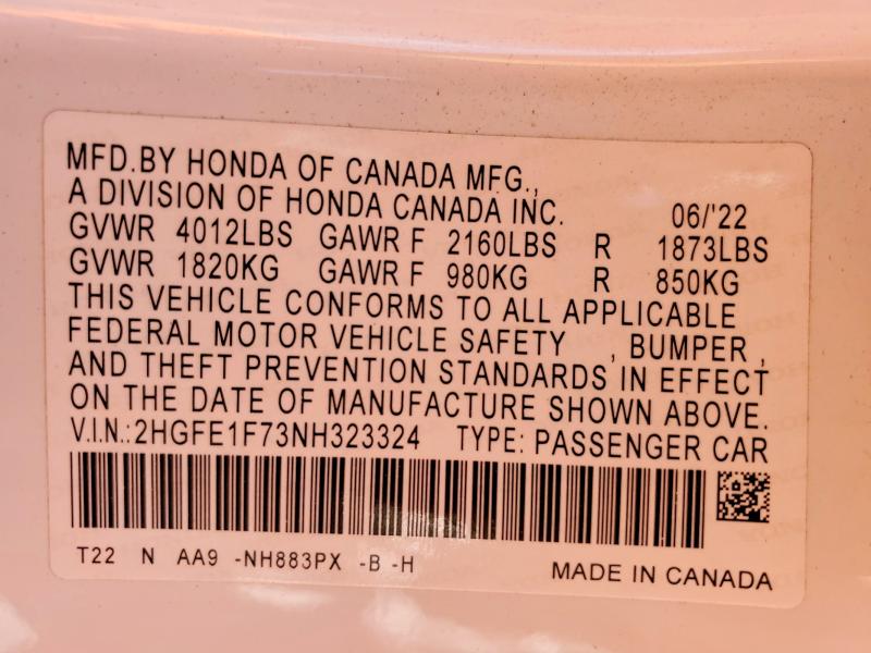 Продажа на аукционе авто 2022 Honda Civic, vin: 2HGFE1F73NH323324, номер лота: 74892915