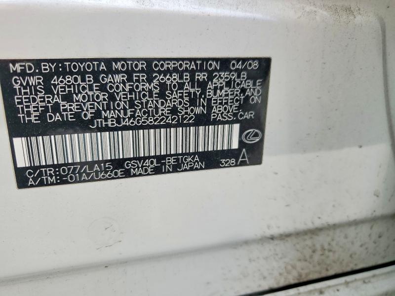 76174535 :رقم المزاد ، JTHBJ46G582242122 vin ، 2008 Lexus Es مزاد بيع