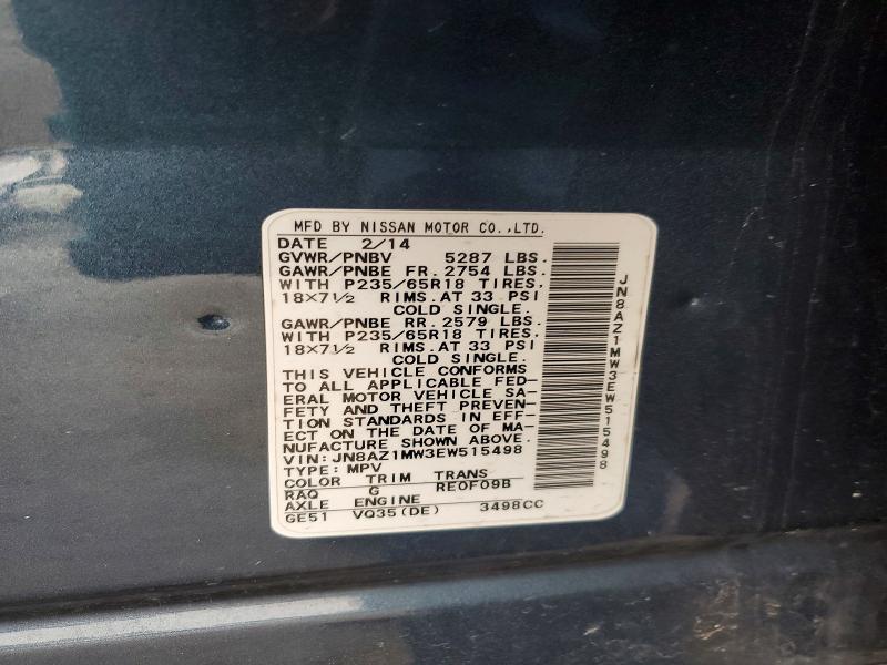 2014 Nissan Murano მანქანა იყიდება აუქციონზე, vin: JN8AZ1MW3EW515498, აუქციონის ნომერი: 78507965