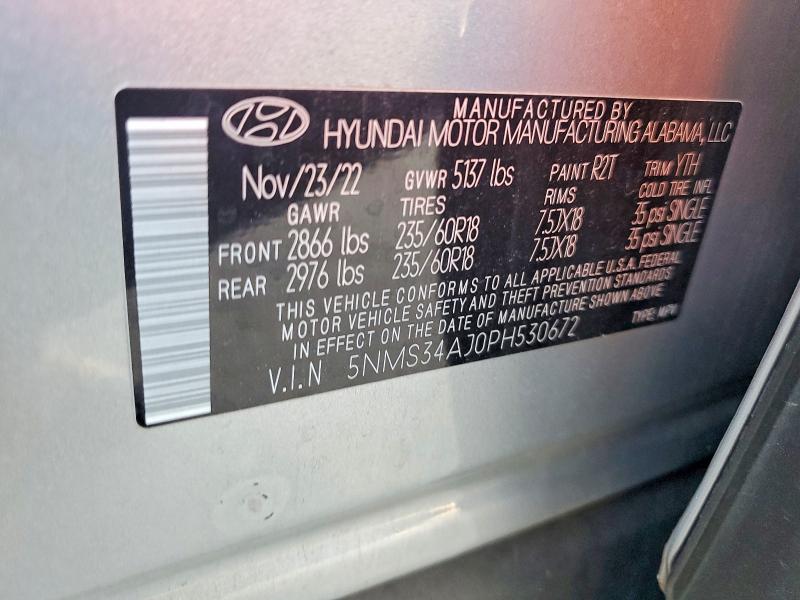 2023 Hyundai Santa Fe მანქანა იყიდება აუქციონზე, vin: 5NMS34AJ0PH530672, აუქციონის ნომერი: 79232105