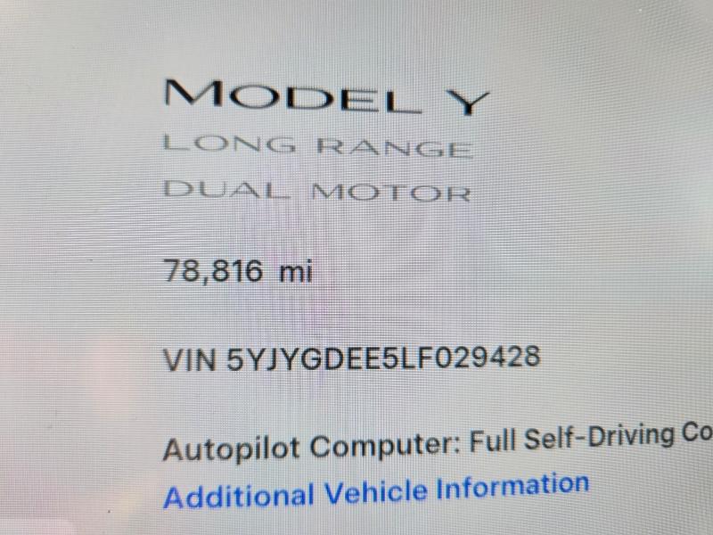 Aukcja sprzedaży 2020 Tesla Model Y, vin: 5YJYGDEE5LF029428, numer aukcji: 75948475