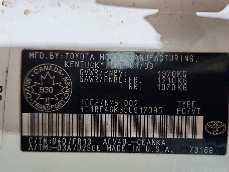 Auction sale of the 2009 Toyota Camry, vin: 4T1BE46K39U917395, lot number: 77572805