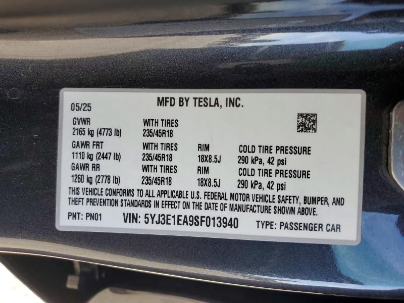 Aukcja sprzedaży 2025 Tesla Model 3, vin: 5YJ3E1EA9SF013940, numer aukcji: 78990445