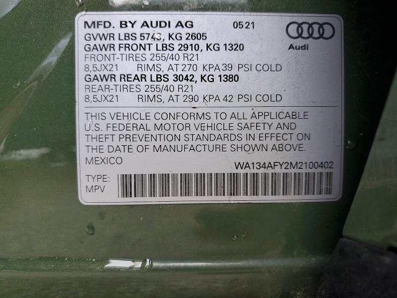 76189775 :رقم المزاد ، WA134AFY2M2100402 vin ، 2021 Audi Sq5 مزاد بيع