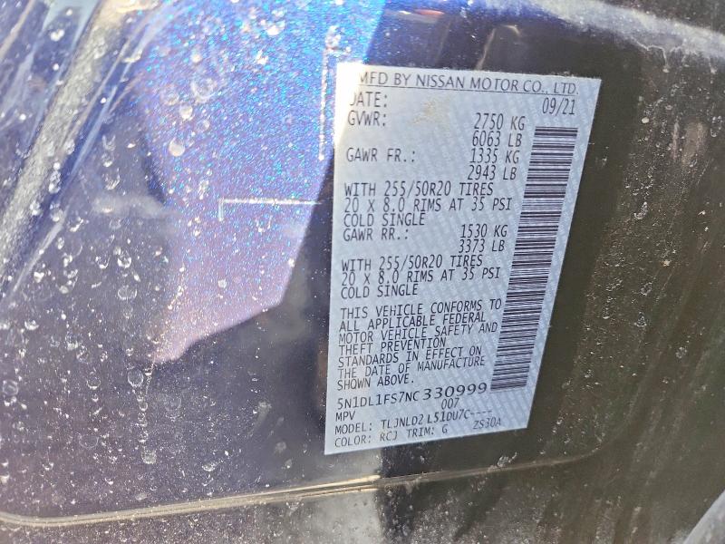 77165075 :رقم المزاد ، 5N1DL1FS7NC330999 vin ، 2022 Infiniti Qx60 مزاد بيع