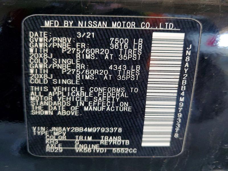 75518245 :رقم المزاد ، JN8AY2BB4M9793378 vin ، 2021 Nissan Armada مزاد بيع