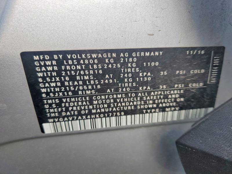 78130785 :رقم المزاد ، WVGAV7AX4HK017759 vin ، 2017 Volkswagen Tiguan مزاد بيع