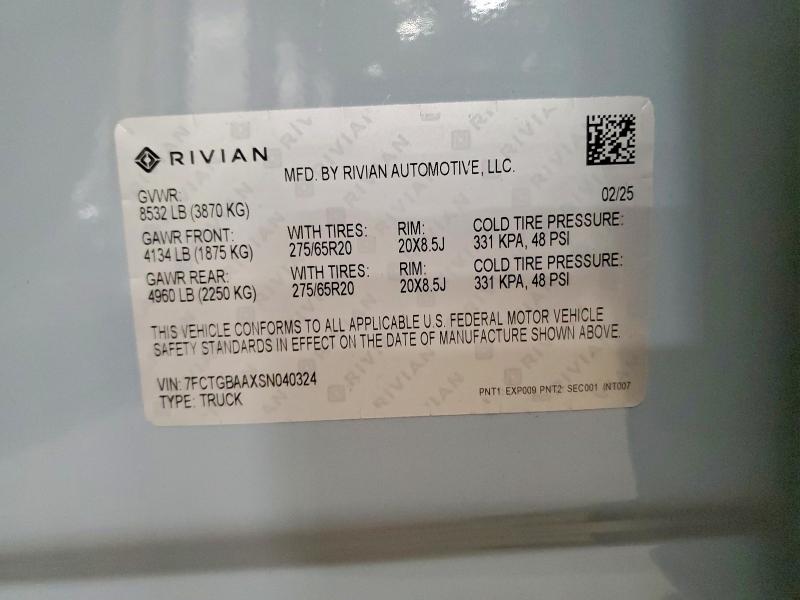 Aukcja sprzedaży 2025 Rivian R1t, vin: 7FCTGBAAXSN040324, numer aukcji: 77724235