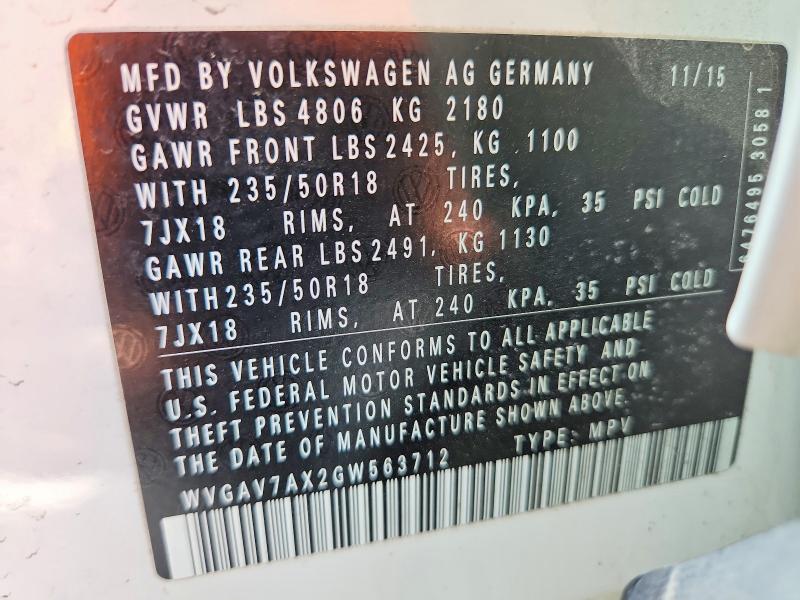 Продаж на аукціоні авто 2016 Volkswagen Tiguan, vin: WVGAV7AX2GW563712, номер лоту: 79006485