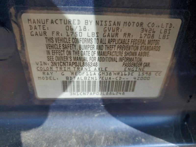 Продаж на аукціоні авто 2018 Nissan Versa, vin: 3N1CN7AP0JL886248, номер лоту: 75953185