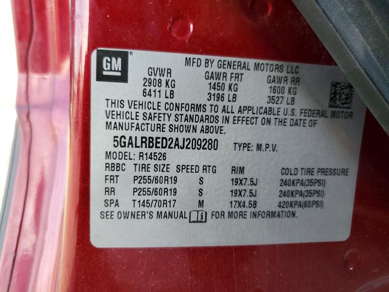 2010 Buick Enclave მანქანა იყიდება აუქციონზე, vin: 5GALRBED2AJ209280, აუქციონის ნომერი: 76783895