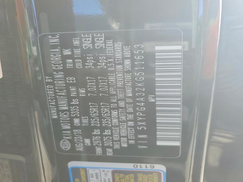 76812135 :رقم المزاد ، 5XYPG4A32KG511653 vin ، 2019 Kia Sorento مزاد بيع