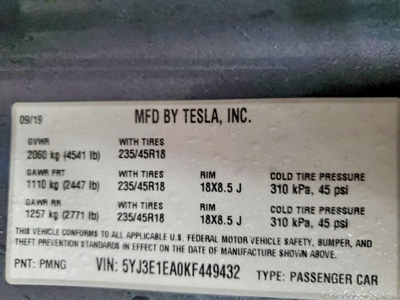 Aukcja sprzedaży 2019 Tesla Model 3, vin: 5YJ3E1EA0KF449432, numer aukcji: 76956185