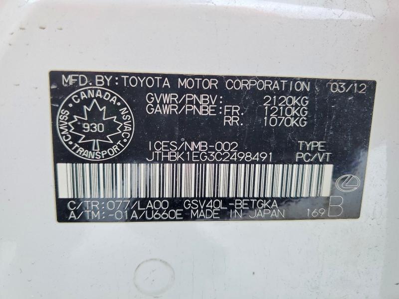 Aukcja sprzedaży 2012 Lexus Es, vin: JTHBK1EG3C2498491, numer aukcji: 76956535