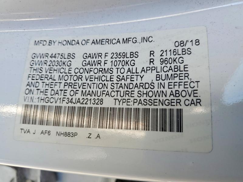 2018 Honda Accord მანქანა იყიდება აუქციონზე, vin: 1HGCV1F34JA221328, აუქციონის ნომერი: 78529235