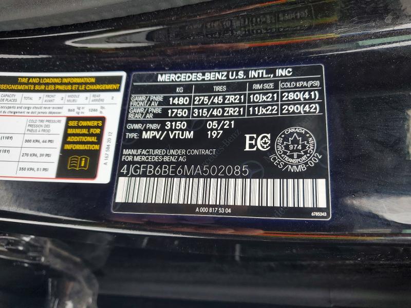 2021 Mercedes-benz Gle მანქანა იყიდება აუქციონზე, vin: 4JGFB6BE6MA502085, აუქციონის ნომერი: 78152115