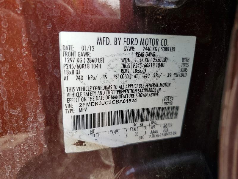 75222995 :رقم المزاد ، 2FMDK3JC3CBA81824 vin ، 2012 Ford Edge مزاد بيع