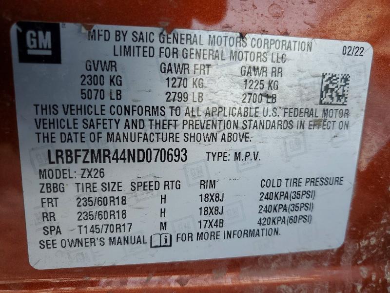 Продаж на аукціоні авто 2022 Buick Envision, vin: LRBFZMR44ND070693, номер лоту: 77970665