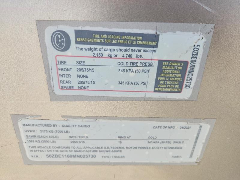Продажа на аукционе авто 2021 Quality Cargo Trailer, vin: 50ZBE1169MN025730, номер лота: 76257965