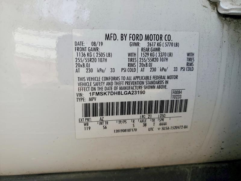 Продаж на аукціоні авто 2020 Ford Explorer, vin: 1FMSK7DH8LGA23190, номер лоту: 77936105