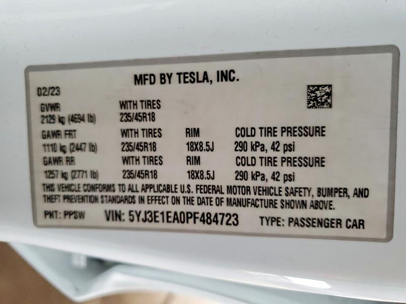 Продажа на аукционе авто 2023 Tesla Model 3, vin: 5YJ3E1EA0PF484723, номер лота: 77507775