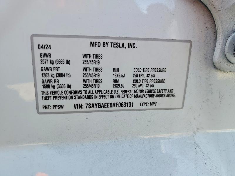 75751115 :رقم المزاد ، 7SAYGAEE6RF063131 vin ، 2024 Tesla Model Y مزاد بيع