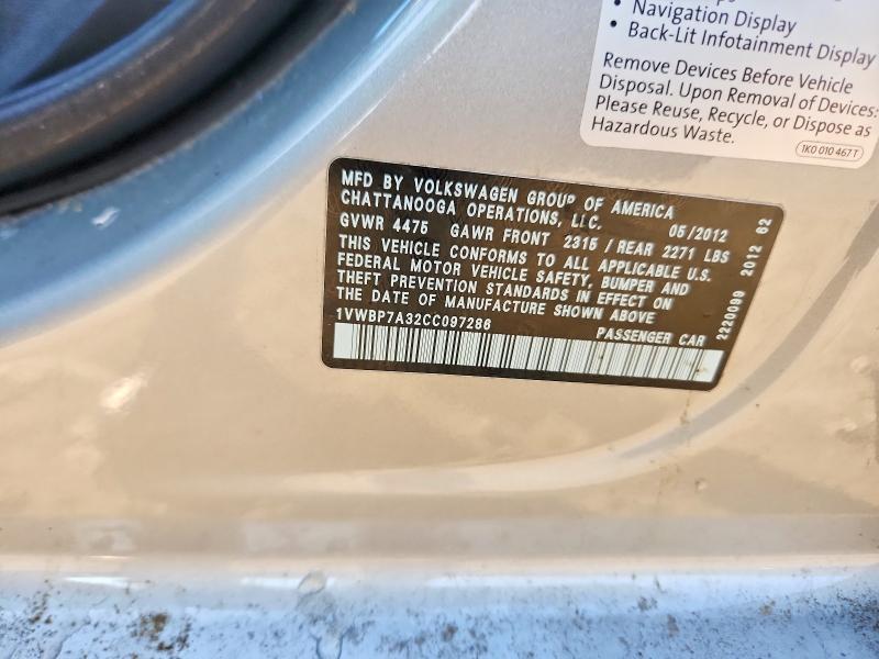 Продаж на аукціоні авто 2012 Volkswagen Passat, vin: 1VWBP7A32CC097286, номер лоту: 77293755