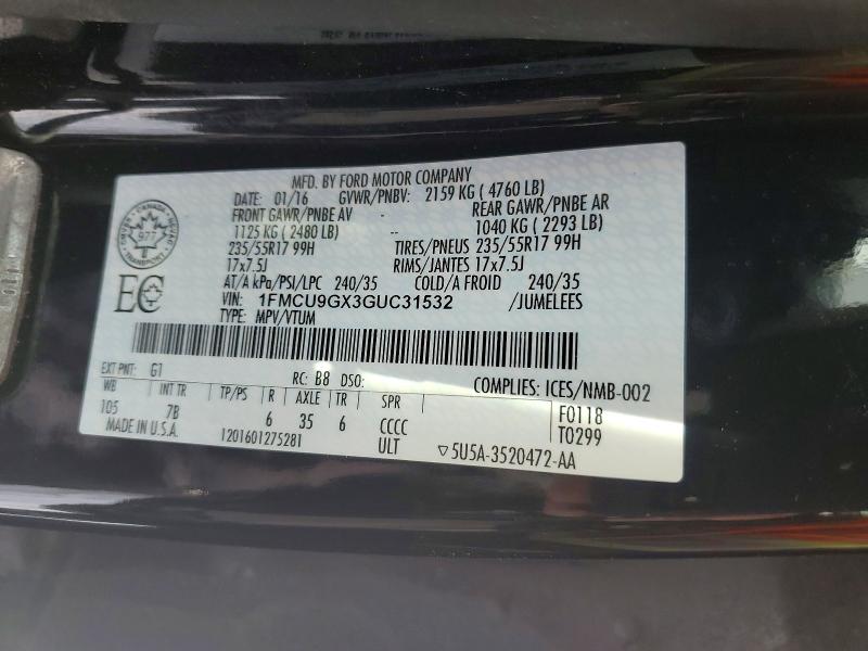 74643115 :رقم المزاد ، 1FMCU9GX3GUC31532 vin ، 2016 Ford Escape مزاد بيع