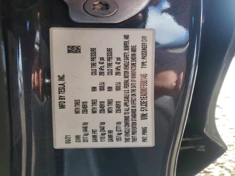 2021 Tesla Model 3 მანქანა იყიდება აუქციონზე, vin: 5YJ3E1EA0MF998146, აუქციონის ნომერი: 77613335